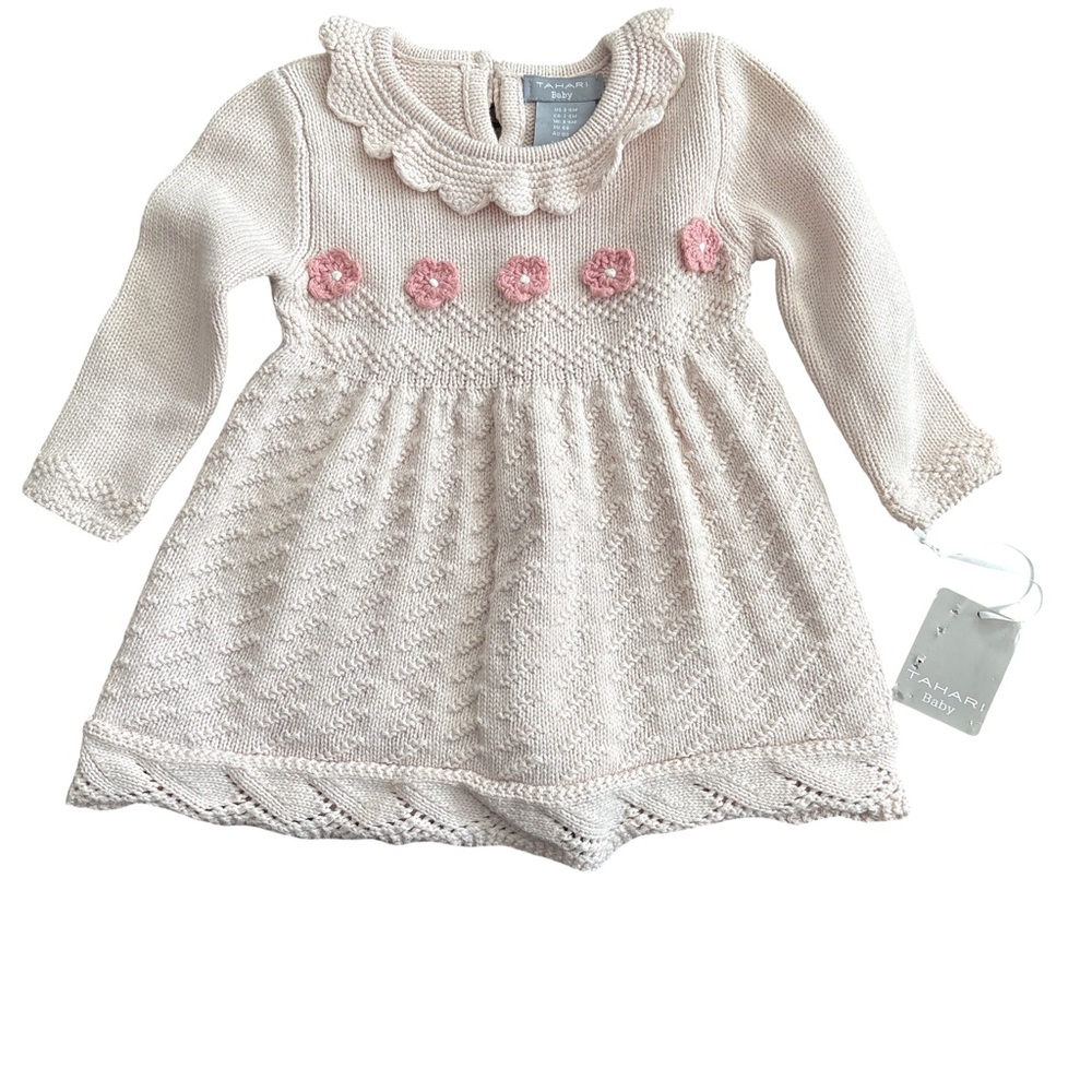 Tahari Knit Baby Dress with Pink Flowers - 3-6M